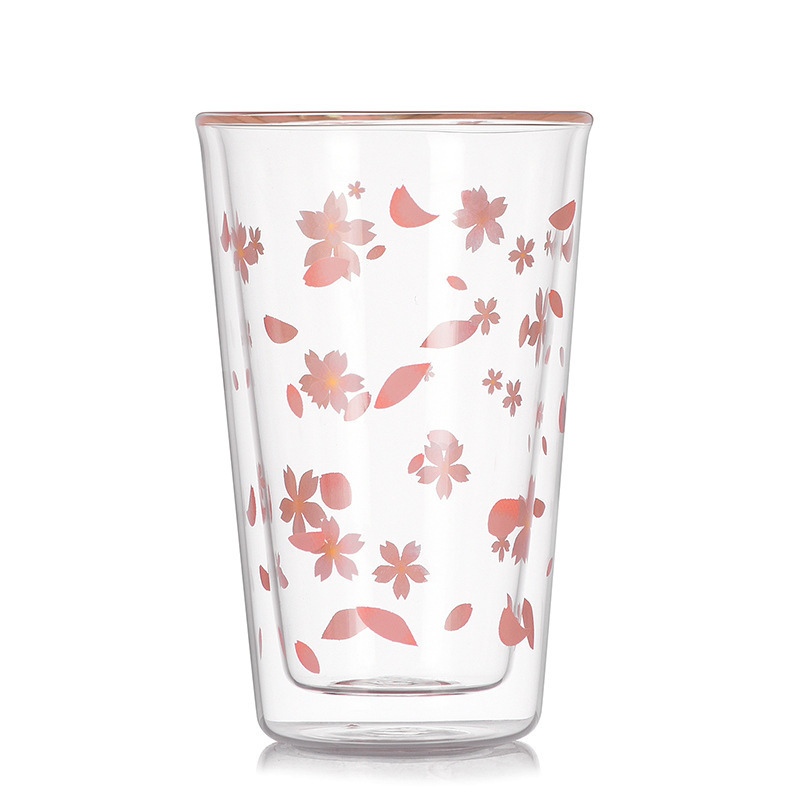 Romantic Pink Sakura Printing Design Borosilicate Double Wall Glass Drinking Cup with Lid