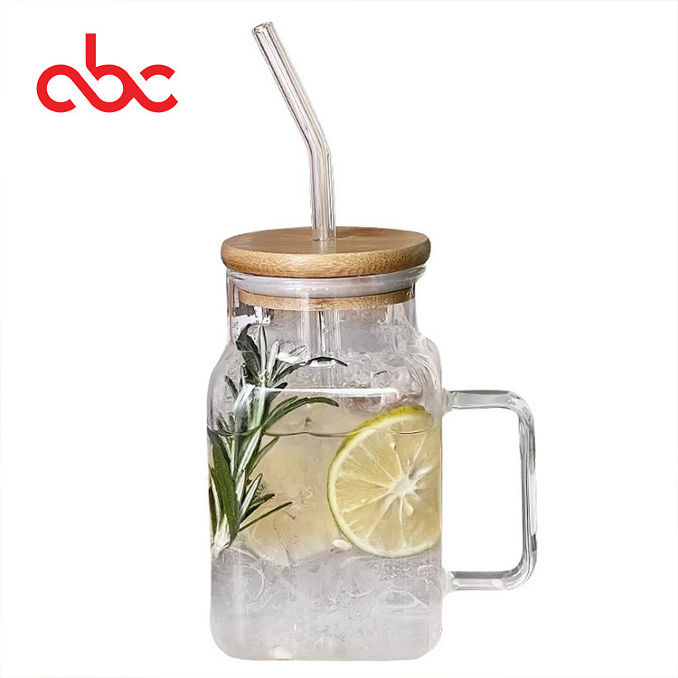 Glass With Handle Square Shape Bamboo Lid Laser Milk Tea Cup Colorful Cup With Handle Fruit Tea Straw Mug