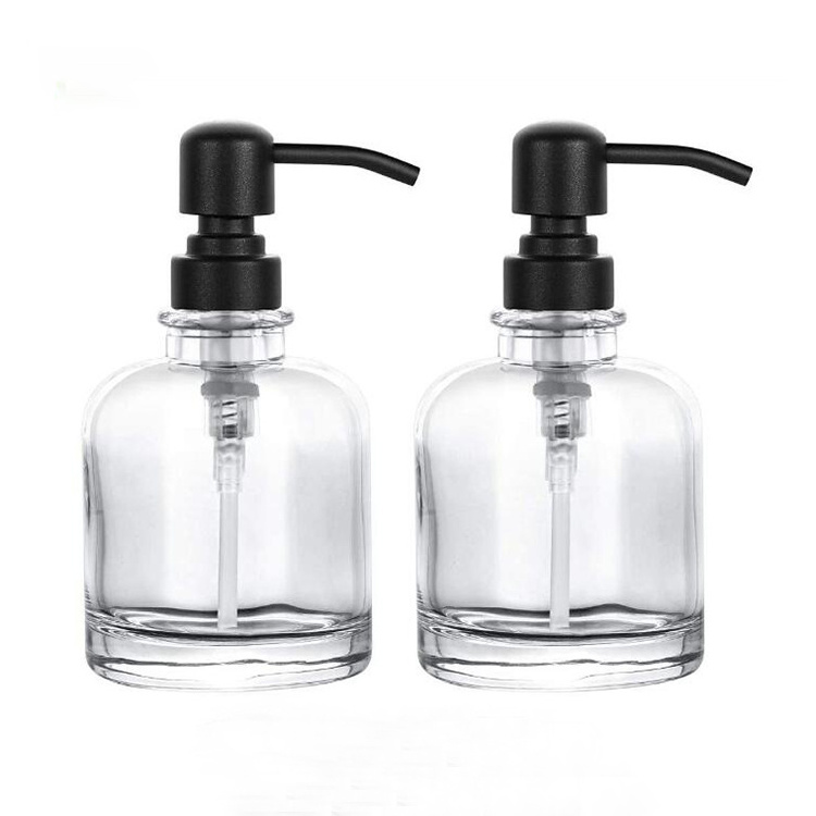 RUIPACK Thick Amber Transparent Glass Soap Dispenser with Stainless Steel Rustproof Pump 250ml Round Bottle Dispenser for Essential Oil