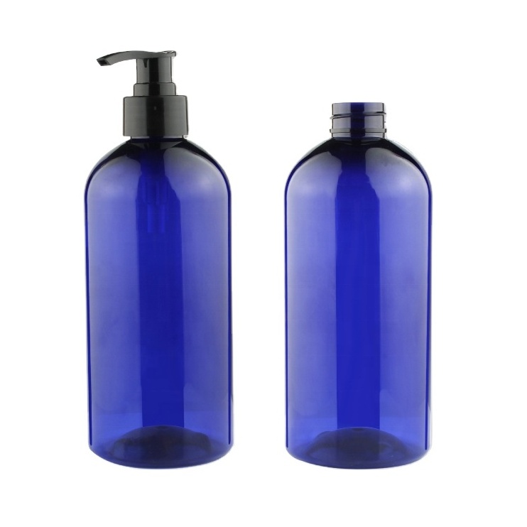 eco recyclable pla blue amber color cosmetic packaging plastic PET lotion shampoo bottles 500ml with lotion pump dispenser