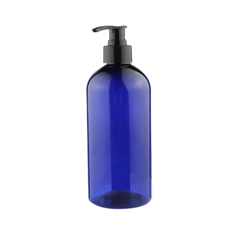 eco recyclable pla blue amber color cosmetic packaging plastic PET lotion shampoo bottles 500ml with lotion pump dispenser