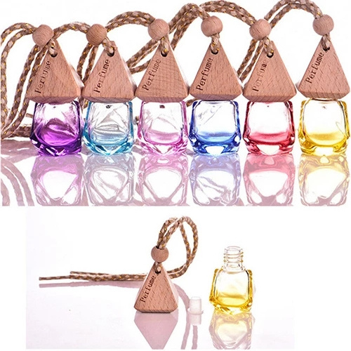 OEM custom manufacturer 8ml Diamond Shaped car hanging glass perfume diffuser bottle with wooden lid