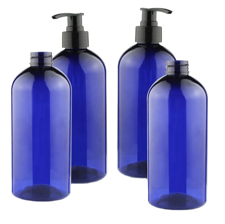 eco recyclable pla blue amber color cosmetic packaging plastic PET lotion shampoo bottles 500ml with lotion pump dispenser