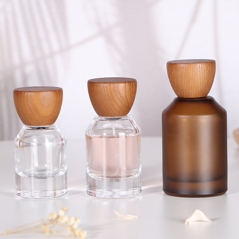 30ml 50ml 100ml empty transparent brown cylindrical perfume spray glass bottle with wooden lid