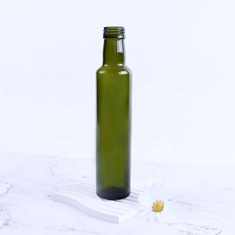 Empty dark green round shape screw off  250ml vinegar olive oil glass bottle with lid