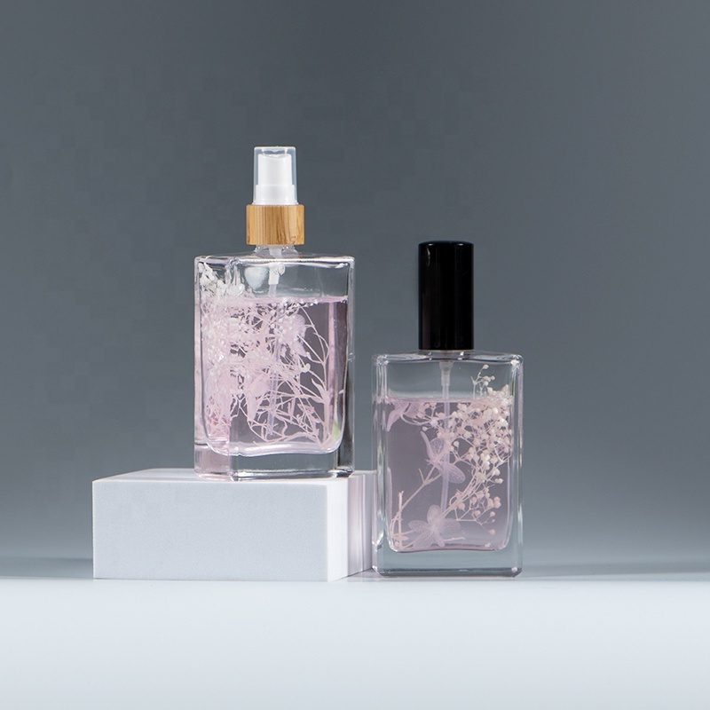 New design with dry flower empty mist sprayer clear glass 100ml square perfume bottle