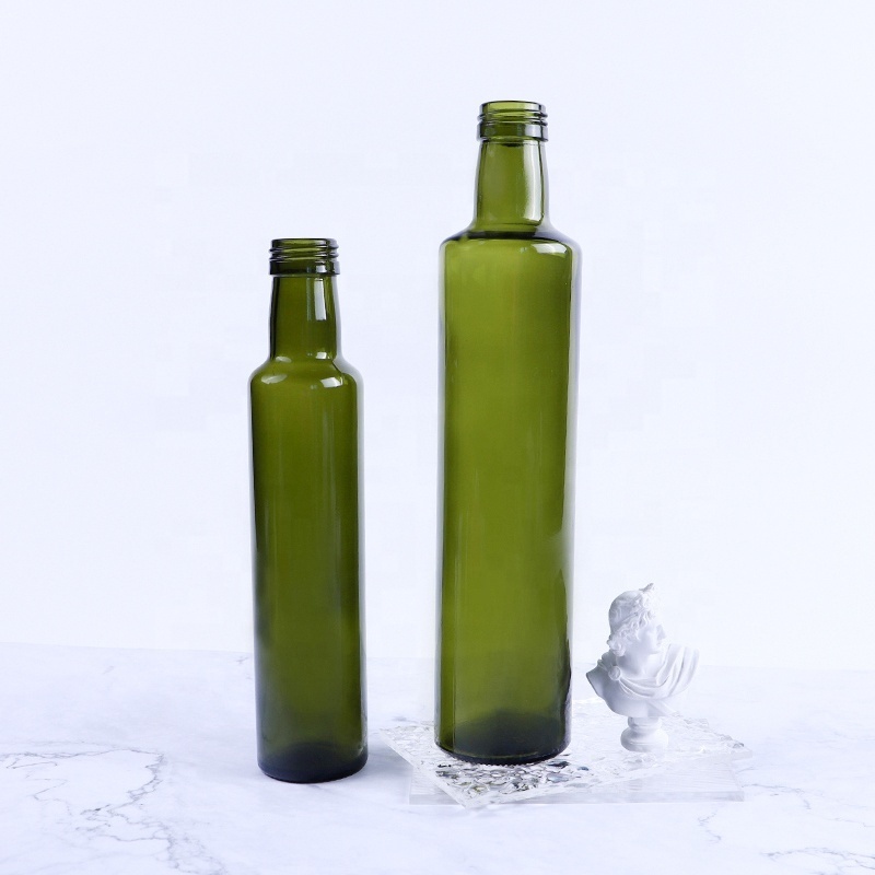 Empty dark green round shape screw off  250ml vinegar olive oil glass bottle with lid