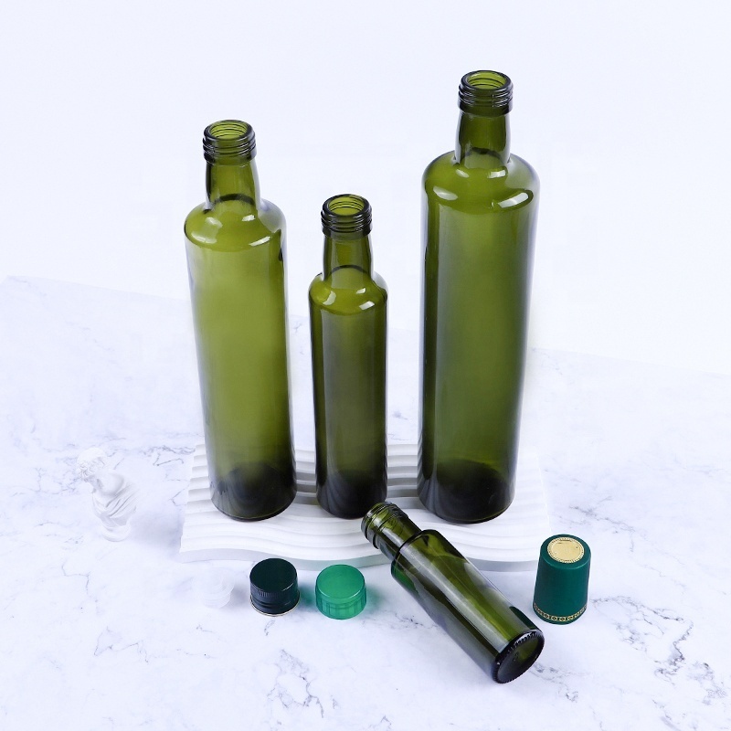 Empty dark green round shape screw off  250ml vinegar olive oil glass bottle with lid