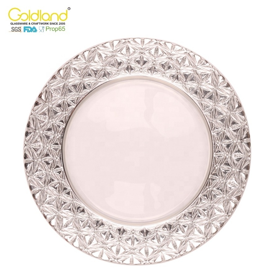 Custom Rose Gold Colored Dinner Dishes 12inch Round Beaded Rim Glass Plates Morden Luxury Charger Plate