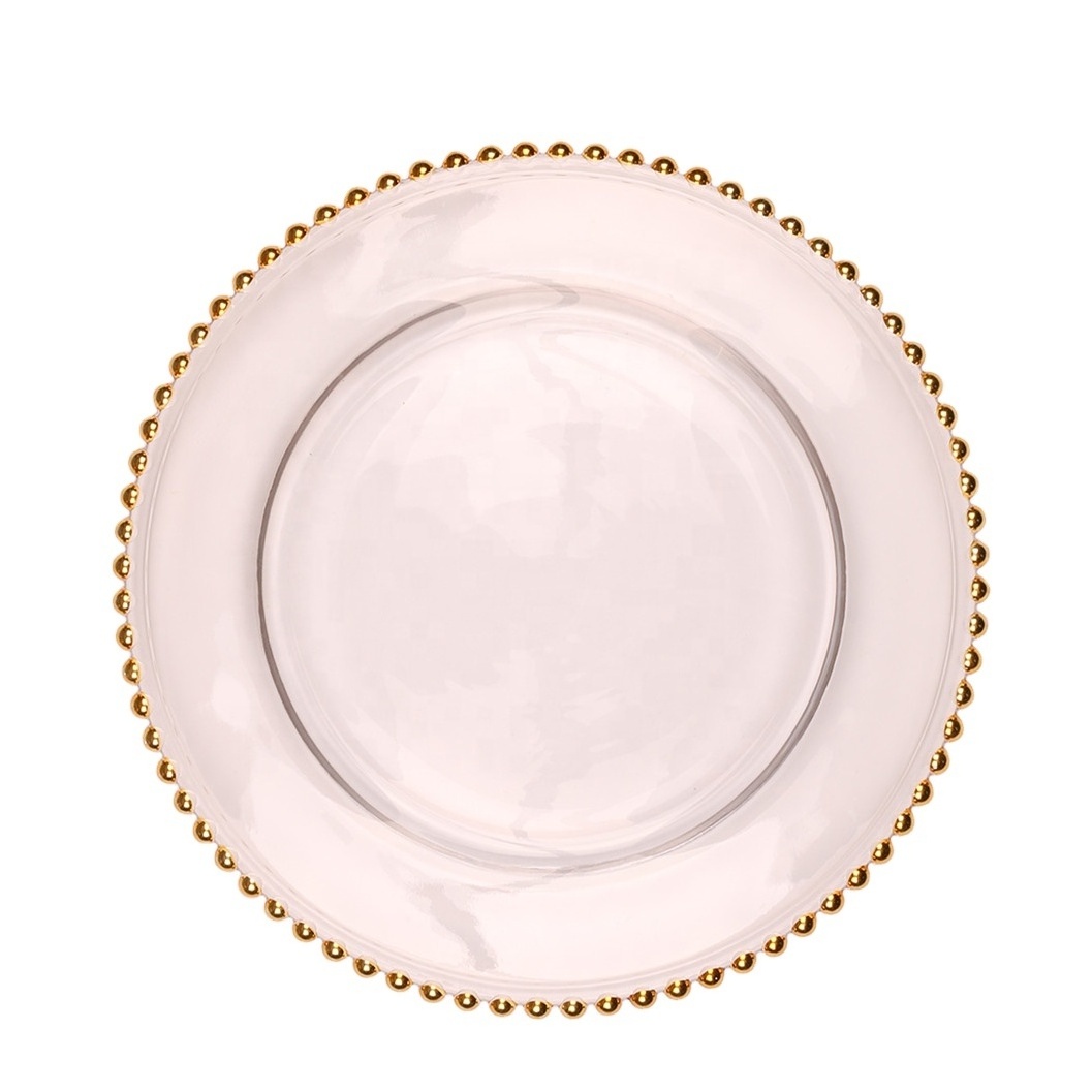 Custom Rose Gold Colored Dinner Dishes 12inch Round Beaded Rim Glass Plates Morden Luxury Charger Plate