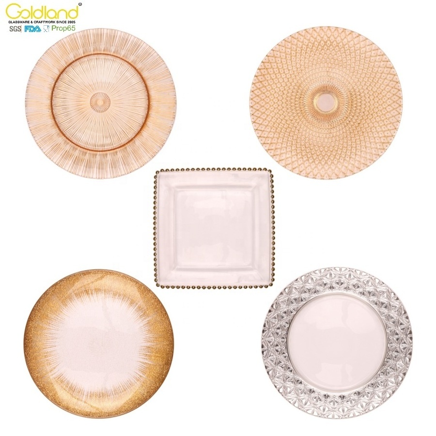 Custom Rose Gold Colored Dinner Dishes 12inch Round Beaded Rim Glass Plates Morden Luxury Charger Plate