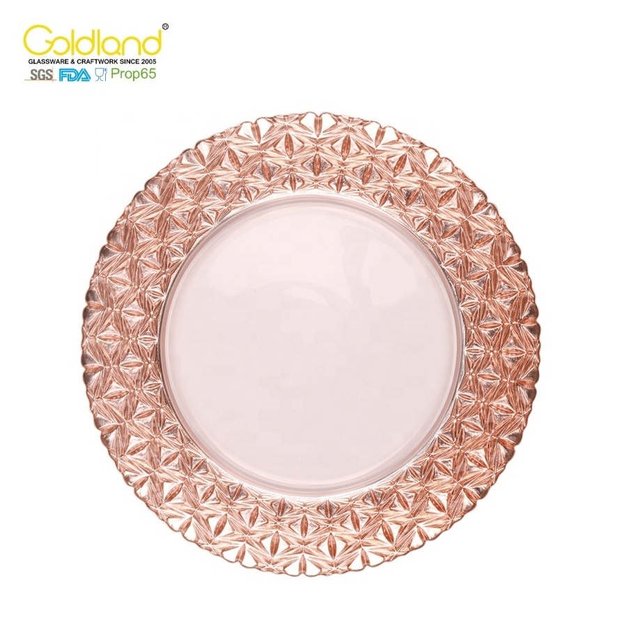 Custom Rose Gold Colored Dinner Dishes 12inch Round Beaded Rim Glass Plates Morden Luxury Charger Plate