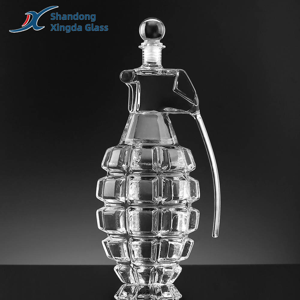 Wholesale Customized High Borosilicate Embossed Glass Wine Bottle Grenade Shaped Liquor Whiskey Decanter Set Factory