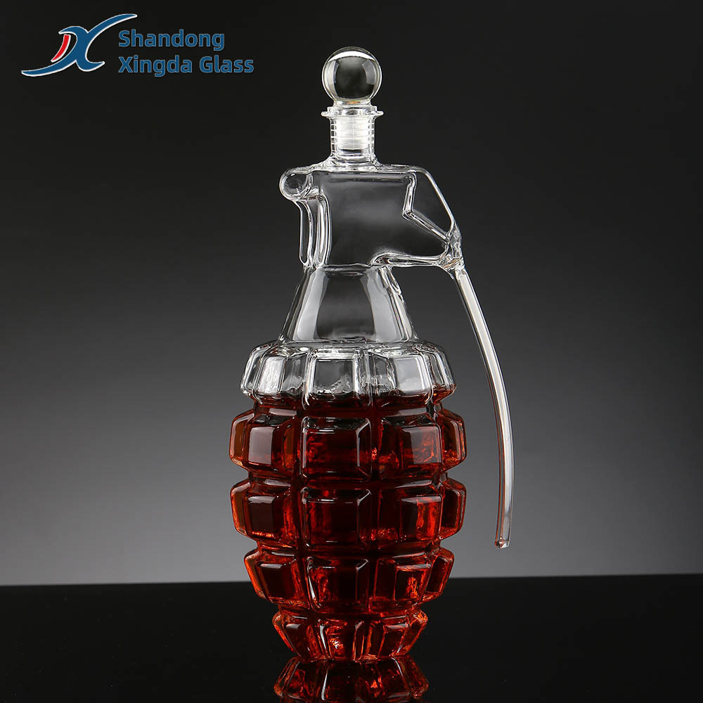 Wholesale Customized High Borosilicate Embossed Glass Wine Bottle Grenade Shaped Liquor Whiskey Decanter Set Factory