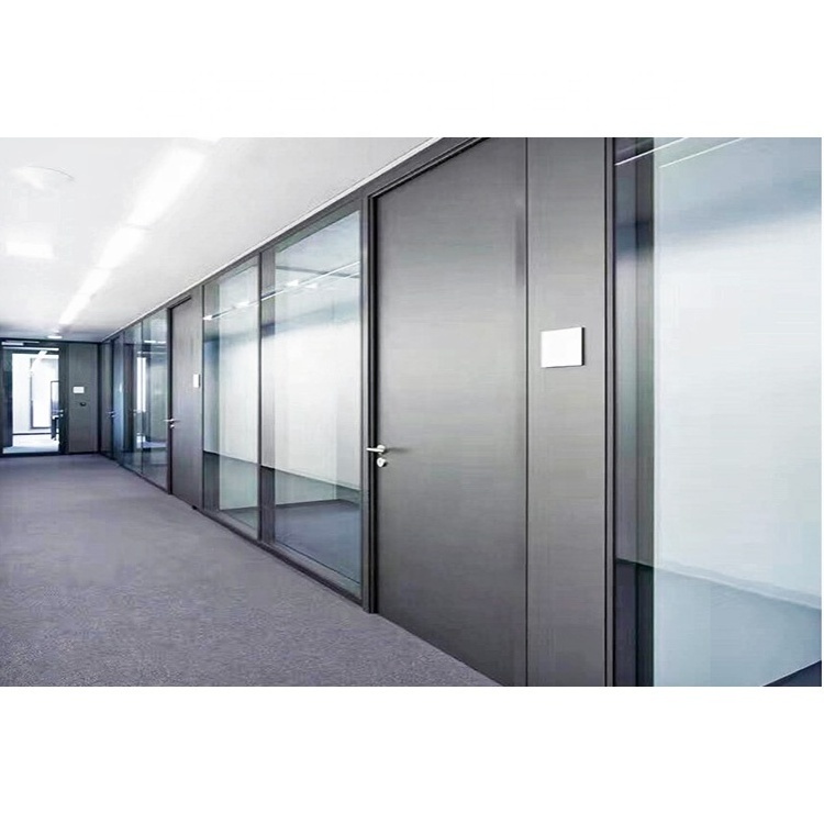 Temporary metal and glass and wooden partition walls for office room