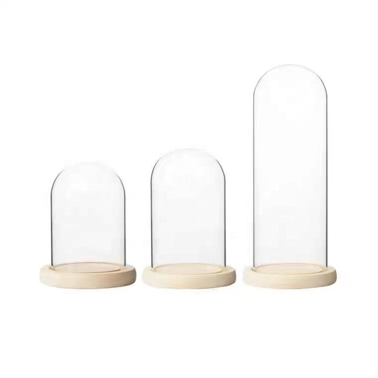 Wholesale Customized diy U-Shape bell display transparent wood stand round cheap clear flower bell jars glass dome with base