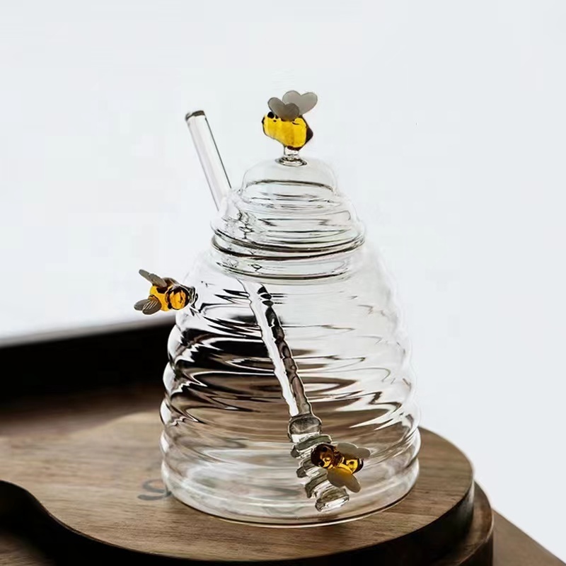 Honeybee Design bee decorate 450ml Clear Honey Jar Borosilicate Glass Honey Storage Glass Honey Pot Dispenser With Dipper