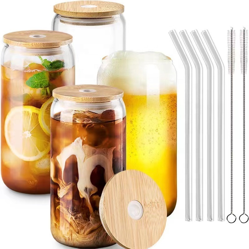 wholesale custom clear glass beer can cups libbey 16 oz beer can shaped glass with bamboo lid and straw beer glasses