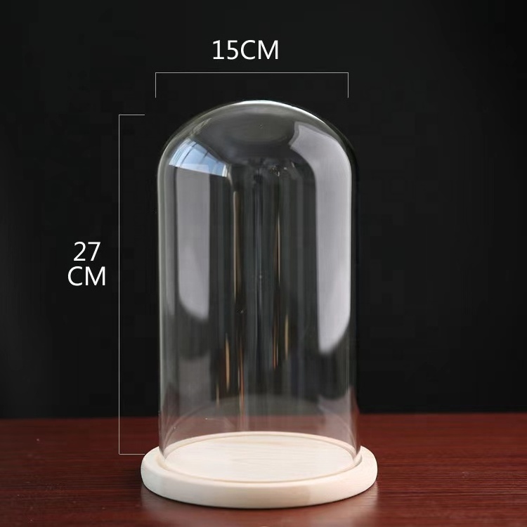 Wholesale Customized diy U-Shape bell display transparent wood stand round cheap clear flower bell jars glass dome with base