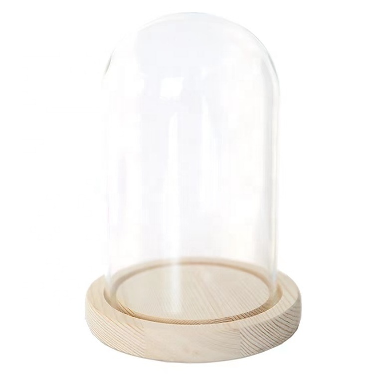 Wholesale Customized diy U-Shape bell display transparent wood stand round cheap clear flower bell jars glass dome with base