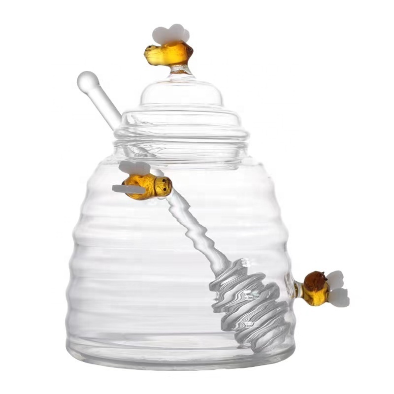 Honeybee Design bee decorate 450ml Clear Honey Jar Borosilicate Glass Honey Storage Glass Honey Pot Dispenser With Dipper