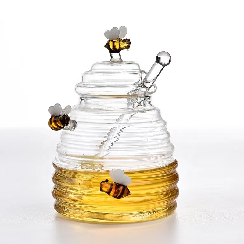 Honeybee Design bee decorate 450ml Clear Honey Jar Borosilicate Glass Honey Storage Glass Honey Pot Dispenser With Dipper