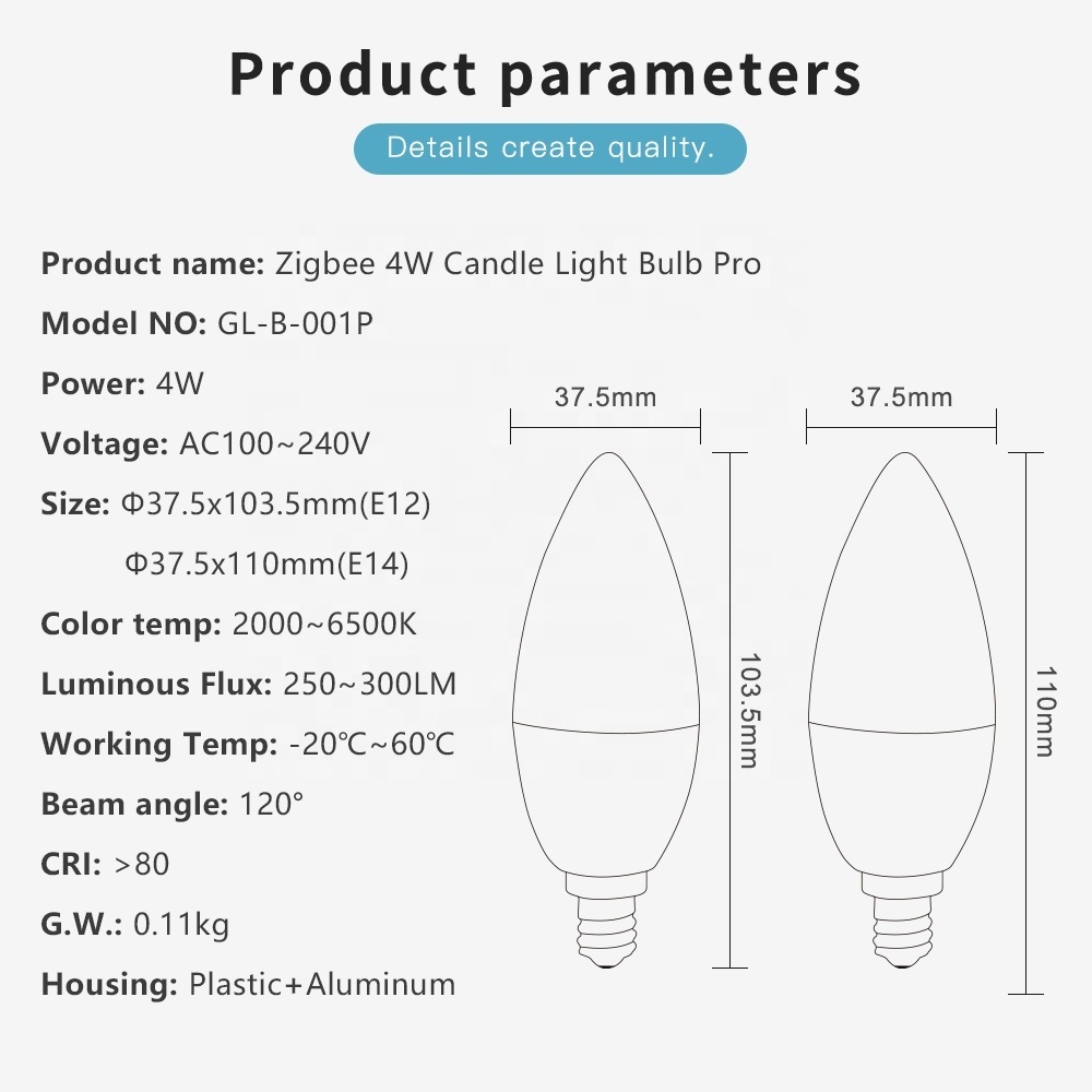 GL-B-001P Gledopto Zigbee E14 Candle Smart Light Bulb 4W RGB+CW 2000-6500K Smart Bulb App Remote Control RGB Light Lamp 100-240V