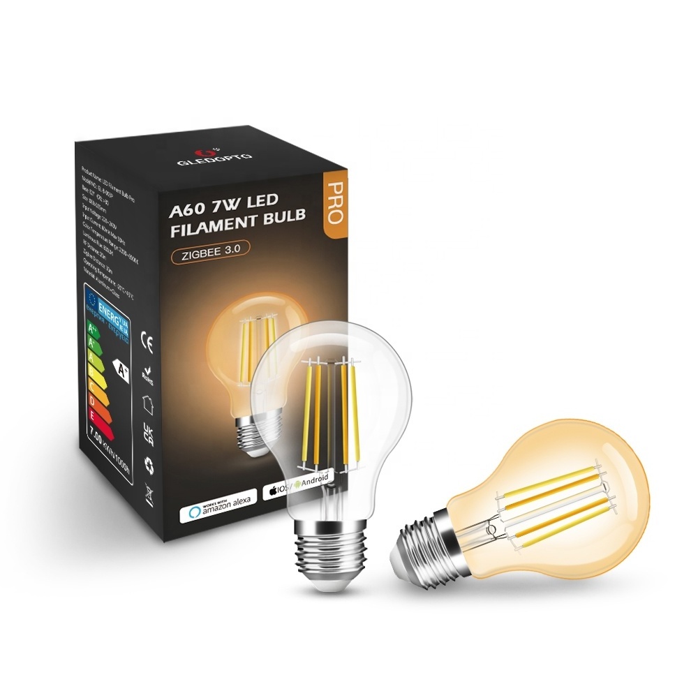 Edison GL-B-003P Gledopto Hubitat Compatible Zigbee Smart LED Filament Bulb Smart Light A60 Vintage 2.4G HZ AC 80 E27 2 Years