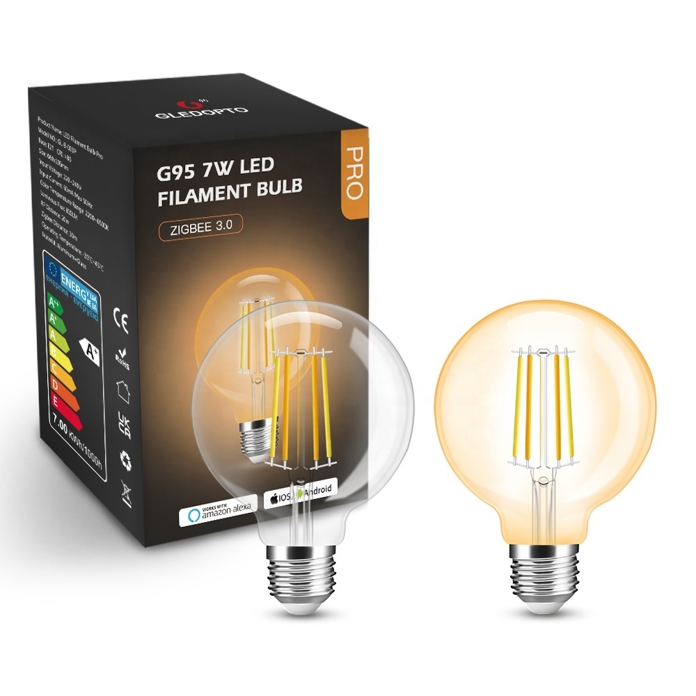 GL-B-004P Gledopto ZigBee Filament Bulbs G95 Smart Vintage Bulb Works With Hubitat Golden/Clear Glass Filament Lamp E27 7W 800LM