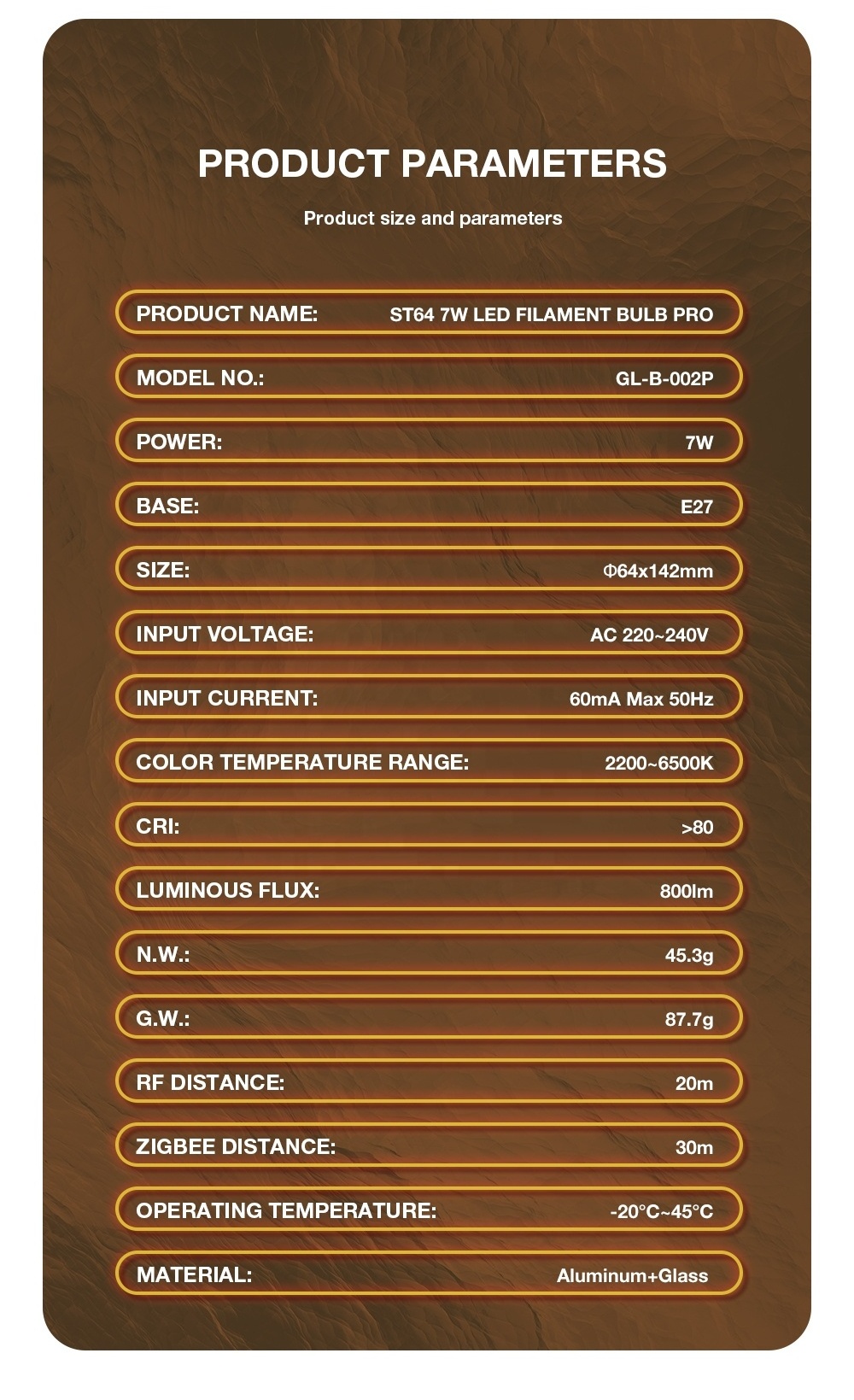 GL-B-002P Gledopto 220-240V 7W ZigBee Smart Filament Bulb E27 Dimmable Edison LED Bulbs with Clear or Amber Glass Cover