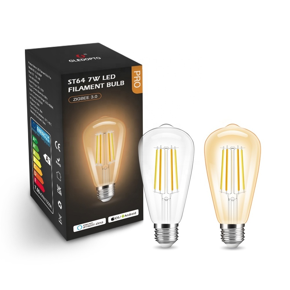 GL-B-002P Gledopto 220-240V 7W ZigBee Smart Filament Bulb E27 Dimmable Edison LED Bulbs with Clear or Amber Glass Cover