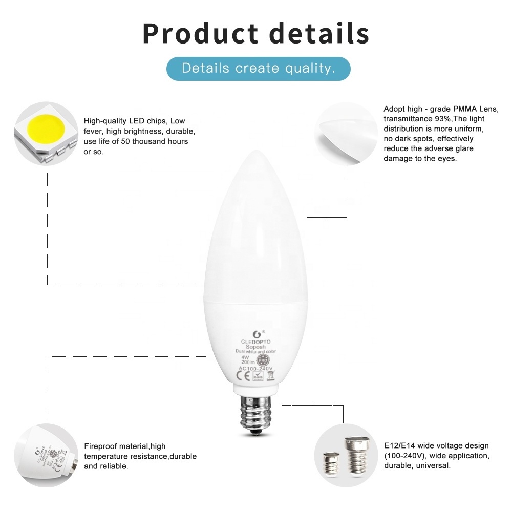 GL-B-001P Gledopto Hubitat Compatible ZigBee Smart LED Candle Bulb 4W RGBCCT 2200K-6500K E12 E14 Candelabra Smart Bulbs RGBW