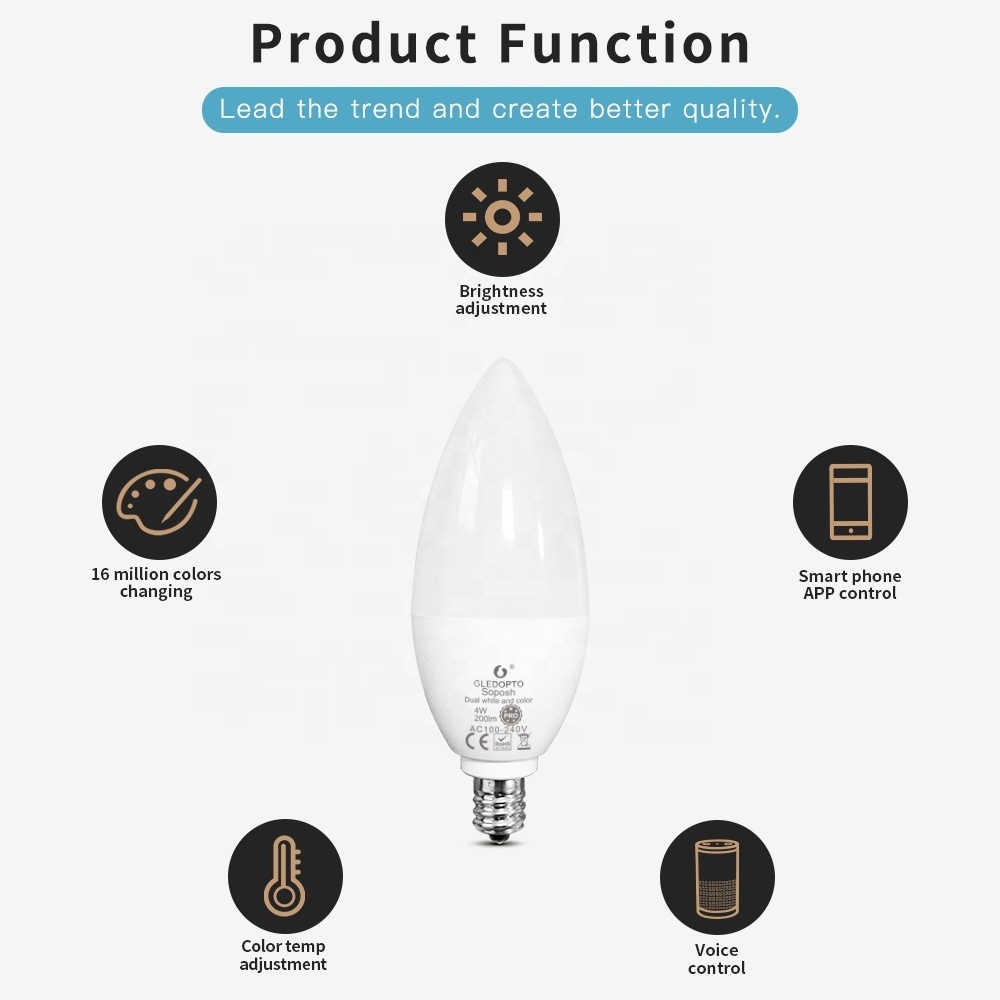 GL-B-001P Gledopto Hubitat Compatible ZigBee Smart LED Candle Bulb 4W RGBCCT 2200K-6500K E12 E14 Candelabra Smart Bulbs RGBW