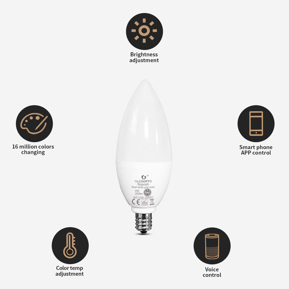 Gledopto  dimmable  E14 E12 smart Edison Bulb Zigbee RGB CCT 4W Smart LED Candle Bulb