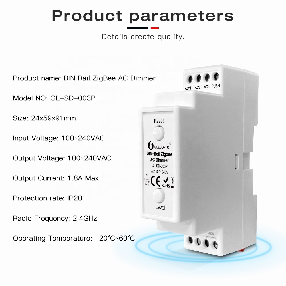 GL-SD-003P Gledopto 1.8A Din Rail ZigBee Smart Dimmer Switch 100-240V 400W Triac Smart Home Dimmers Work with Alexa