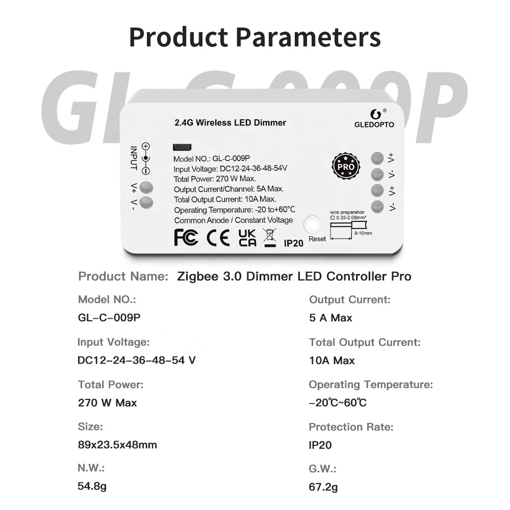 GL-C-009P Gledopto ZigBee Dimmer 12V 24V LED Strip Light Dimmer Compatible Hubitat LED Controller Works With Smart Home Gateway