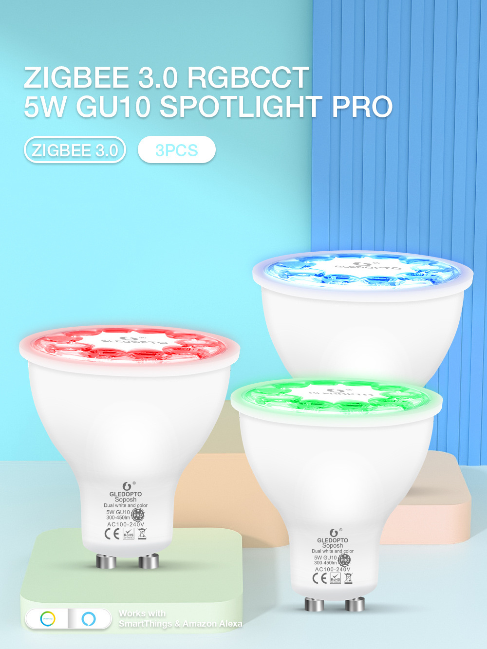 Gledopto LED Downlight Zigbee Smart APP Control Dimming Spotlight 5W GU10 RGB CCT Color Changing LED Spotlight