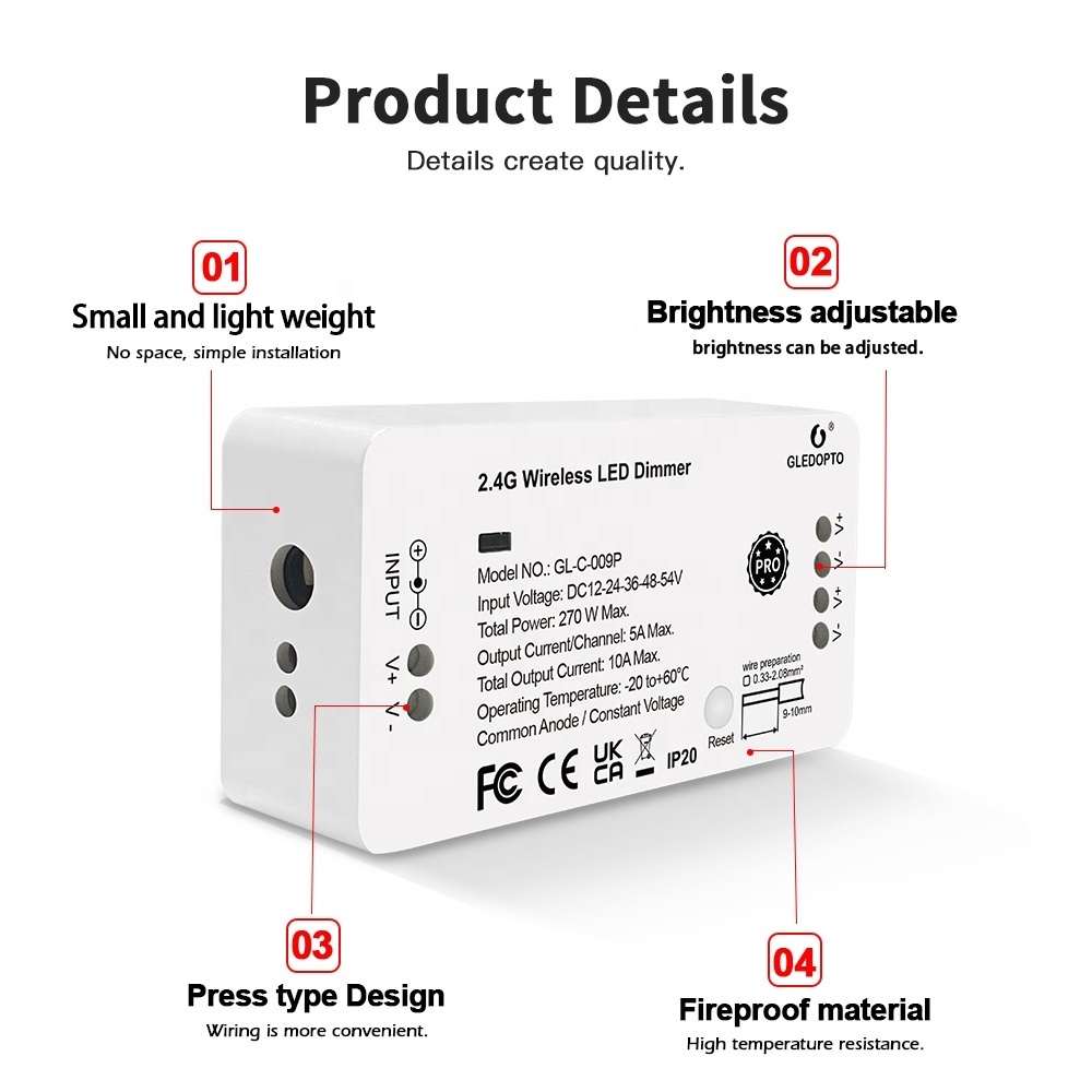 GL-C-009P Gledopto ZigBee Dimmer 12V 24V LED Strip Light Dimmer Compatible Hubitat LED Controller Works With Smart Home Gateway