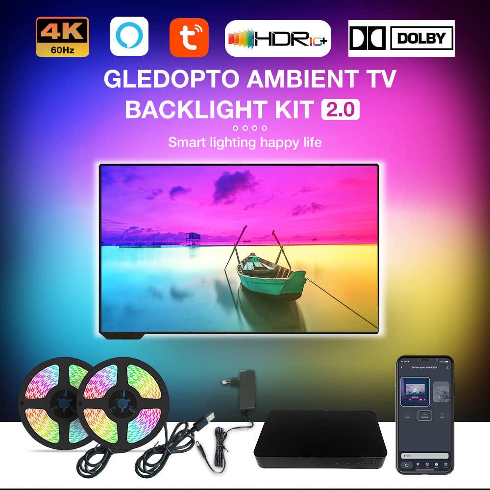 Ambient TV bias lighting KIT Rainbow color to sync with TV bias lights ever-changing HDMI SYNC Box