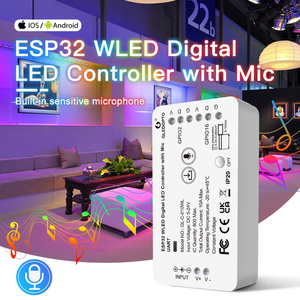 Gledopto DC5-24V LED Controller WLED ESP32 RGB CCT Voice function WiFi LED IC Digital Strip Controller with Mic