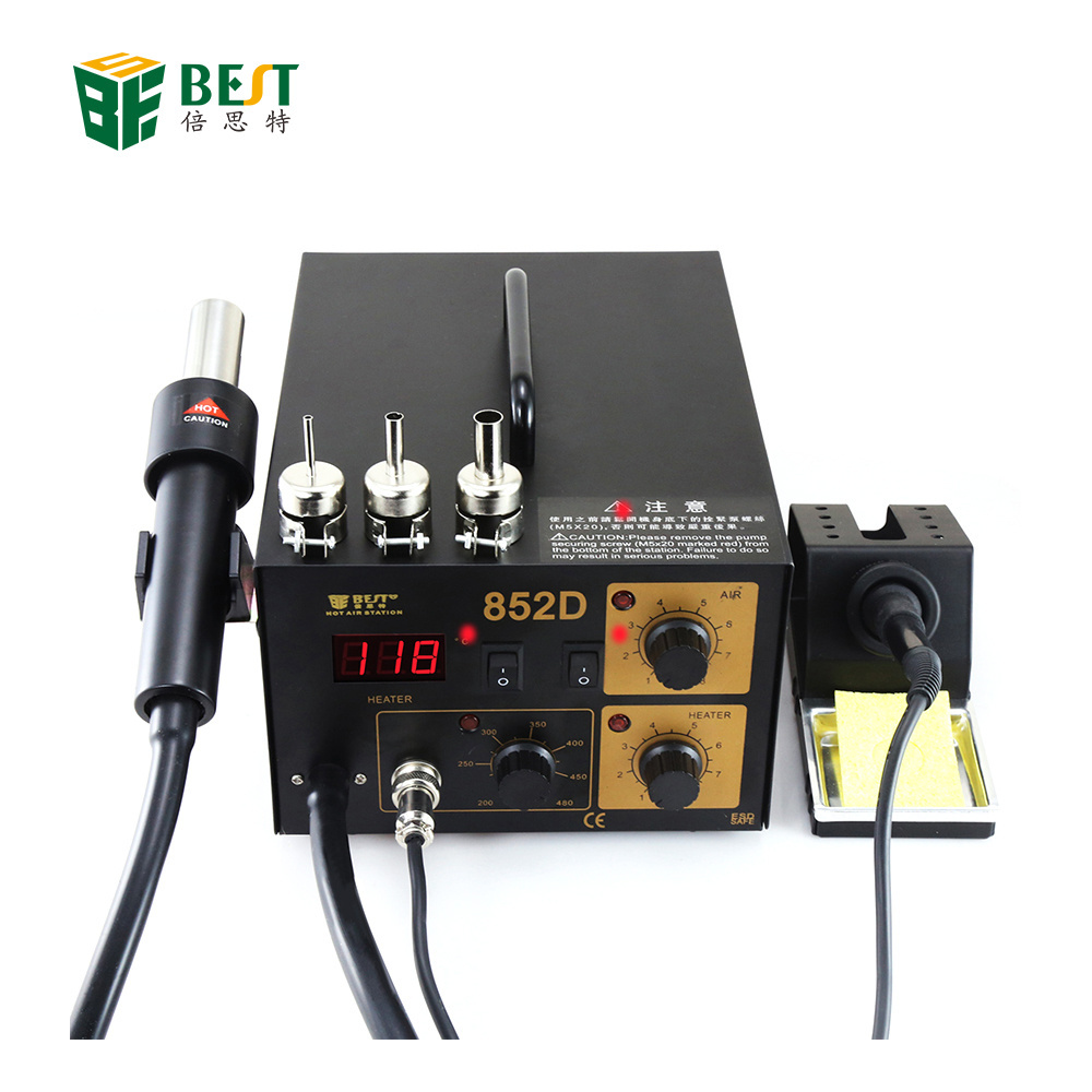 BEST-852D double LED display 2 IN 1 intelligent leadfree hot air gun with helical wind+ solder station -desolder station +sold