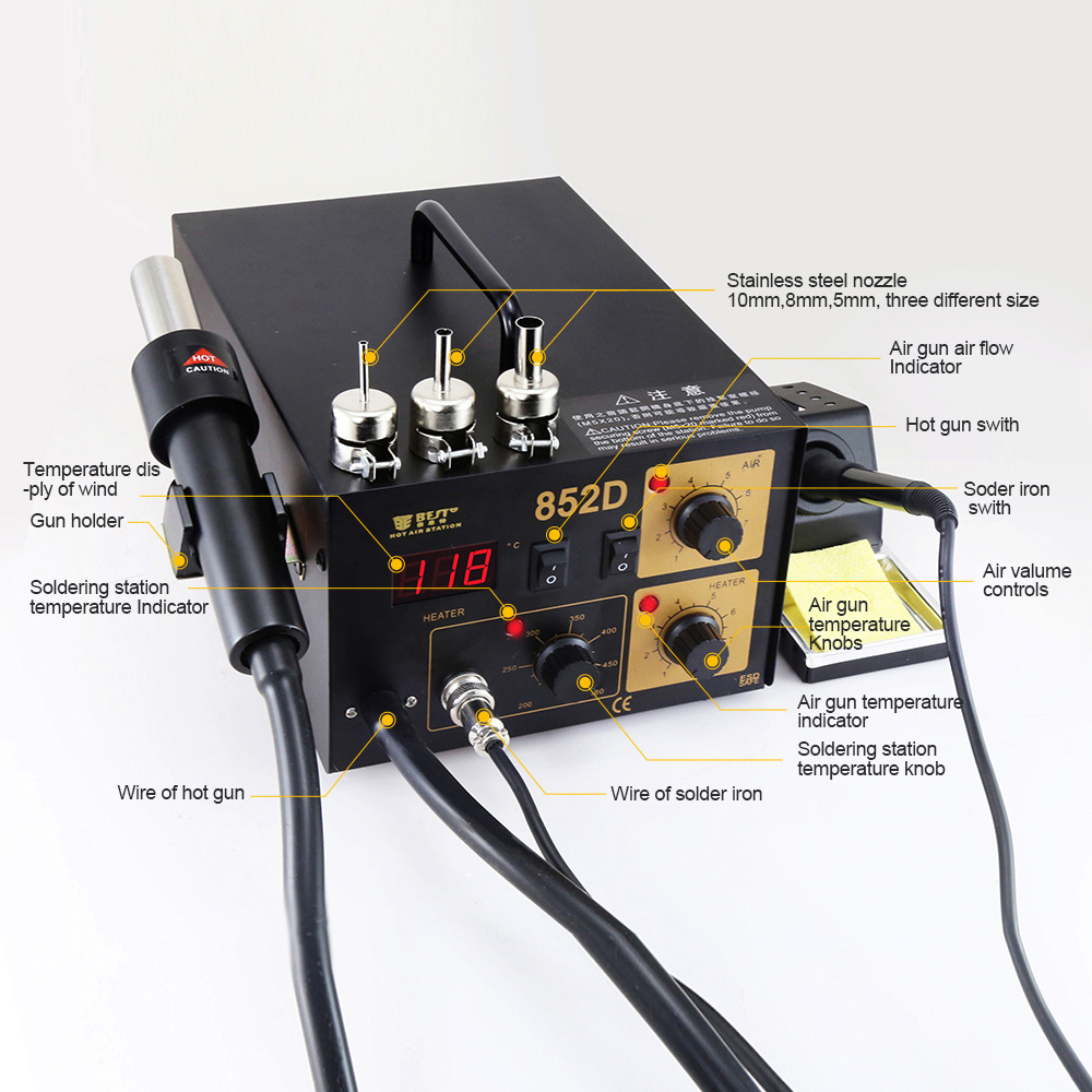 BEST-852D double LED display 2 IN 1 intelligent leadfree hot air gun with helical wind+ solder station -desolder station +sold