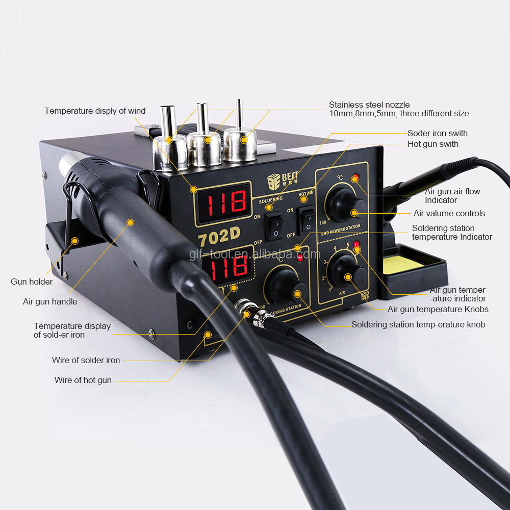 BST-702D 2 in 1 digital display rework station soldering iron and heat gun