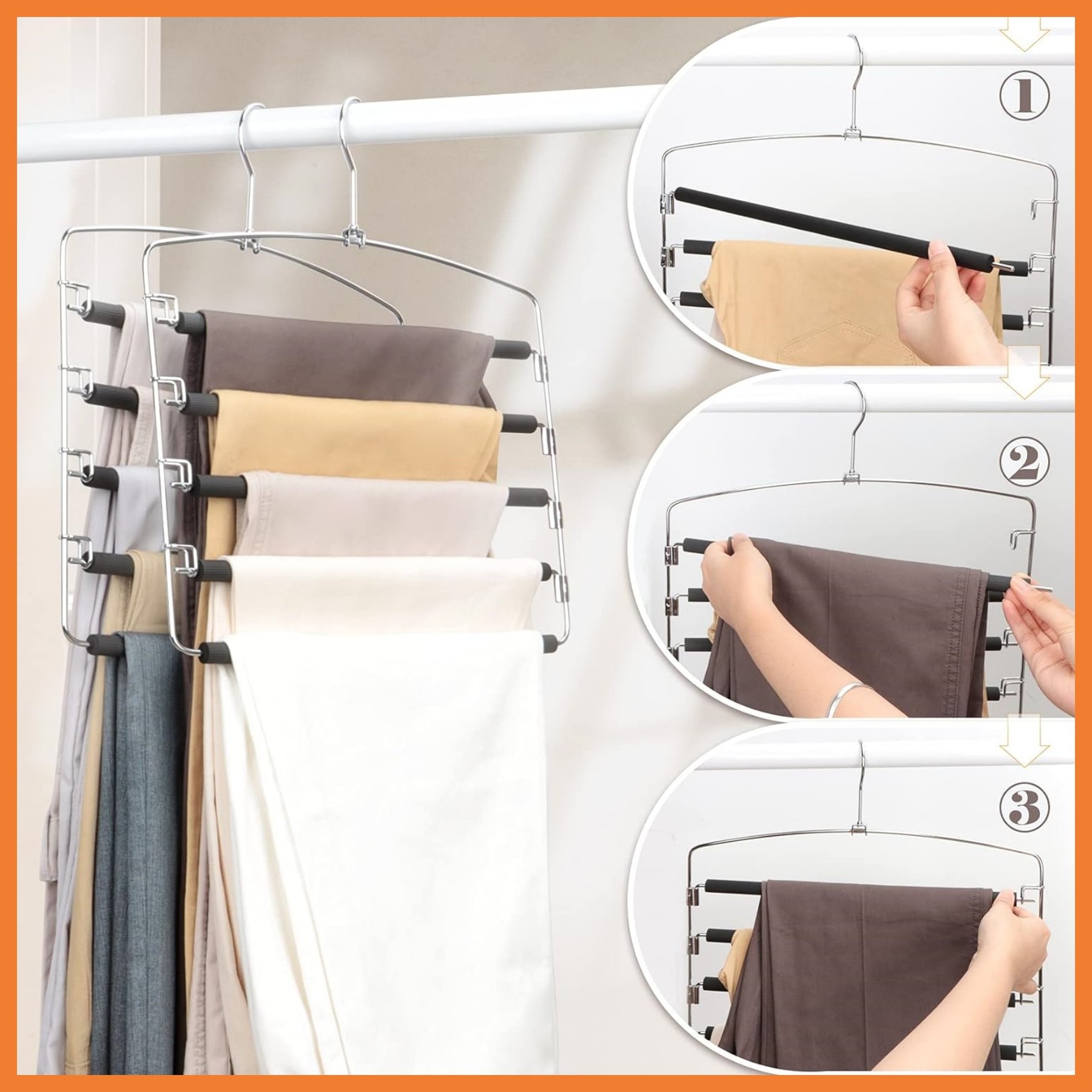 Hot Sale Clothes Pants Slack Hangers 5 Layers Non Slip Closet Storage Organizer Space Saving Hanger with Foam Padded Swing Arm