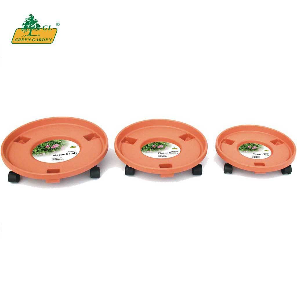 High quality heavy duty movable plastic pot caddy pot mover trolley plastic plant stand with wheels round shape