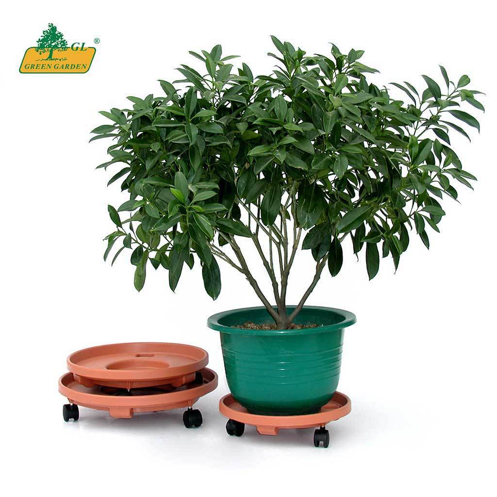 High quality heavy duty movable plastic pot caddy pot mover trolley plastic plant stand with wheels round shape