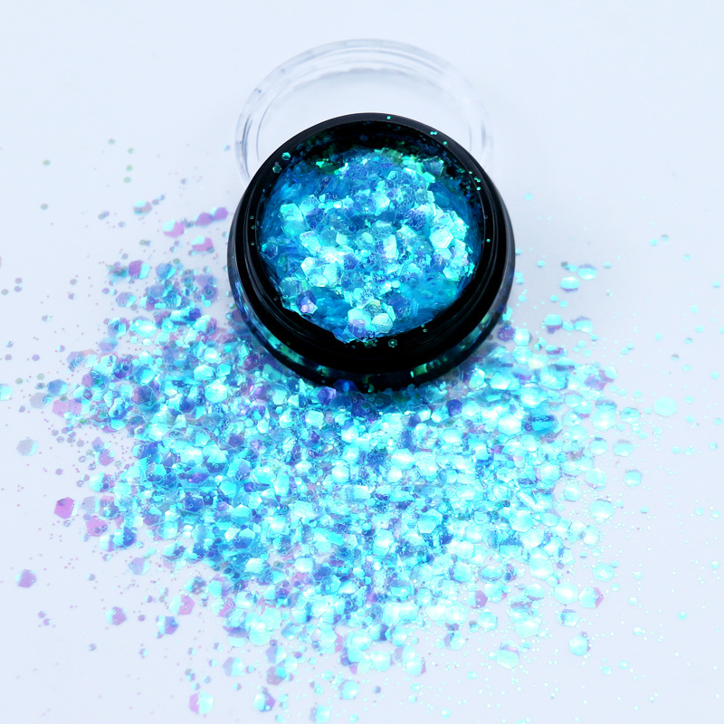 Wholesale Chunky Iridescent Glitter Box Package Glitter For Makeup Rainbow Blue Mixed Chunky Size For Beauty Body  Face And Hair