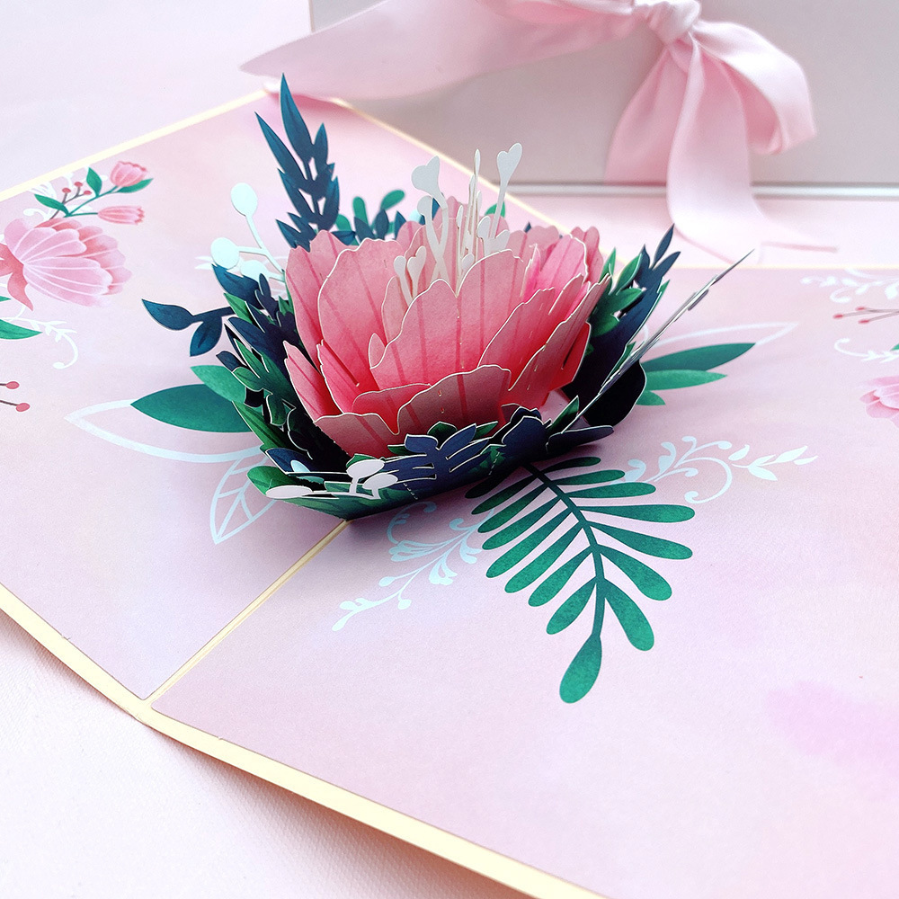 Paper Pop Up Cards Peony Flower Bouquet 3D Popup Greeting Cards with Note Card and Envelope