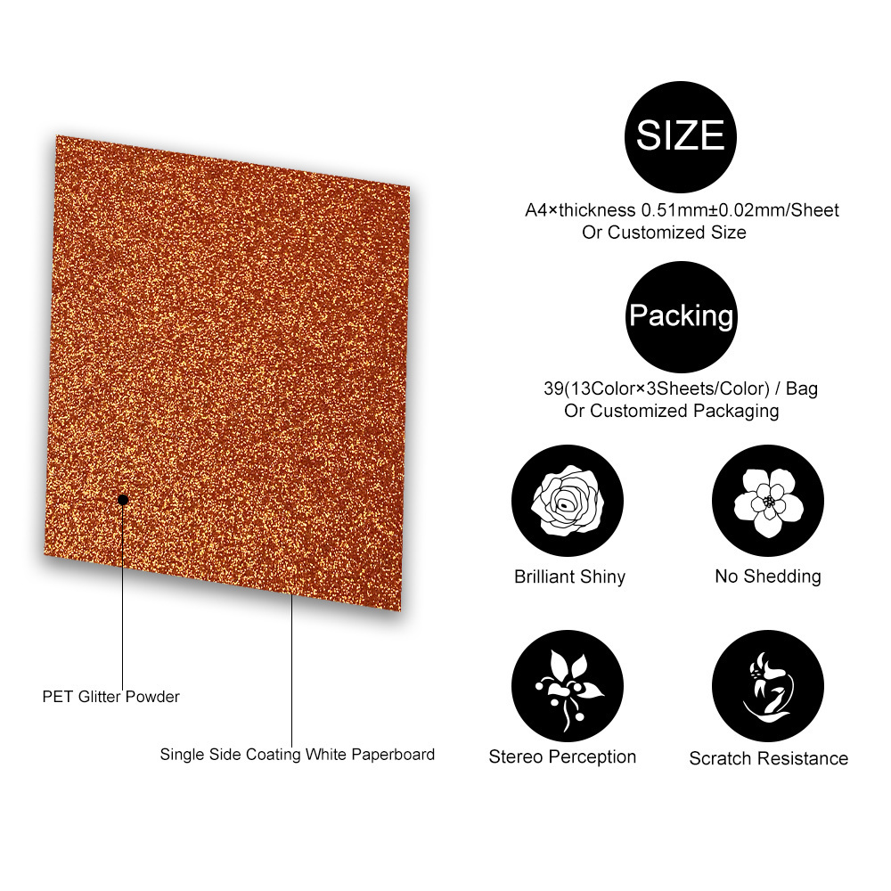 Wholesale Glitter Paper Stock Glitter Cardstock 320gsm A4 39sheets/bag 13colors Mixed Color Craft Paper Screen Printing Virgin