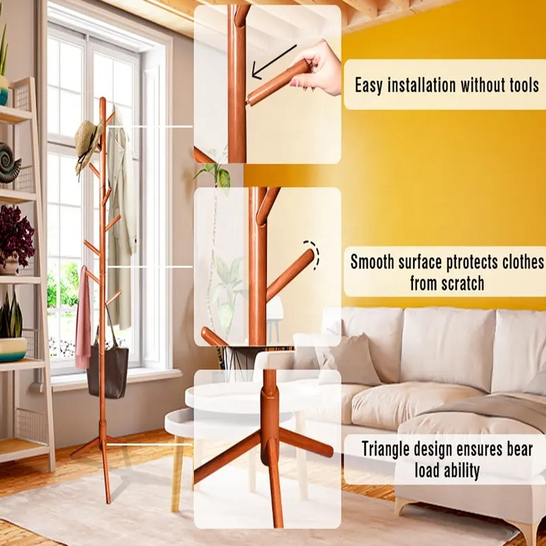 High-quality adjustable hanger easy assemble tree shaped coat hanger wooden clothing rack